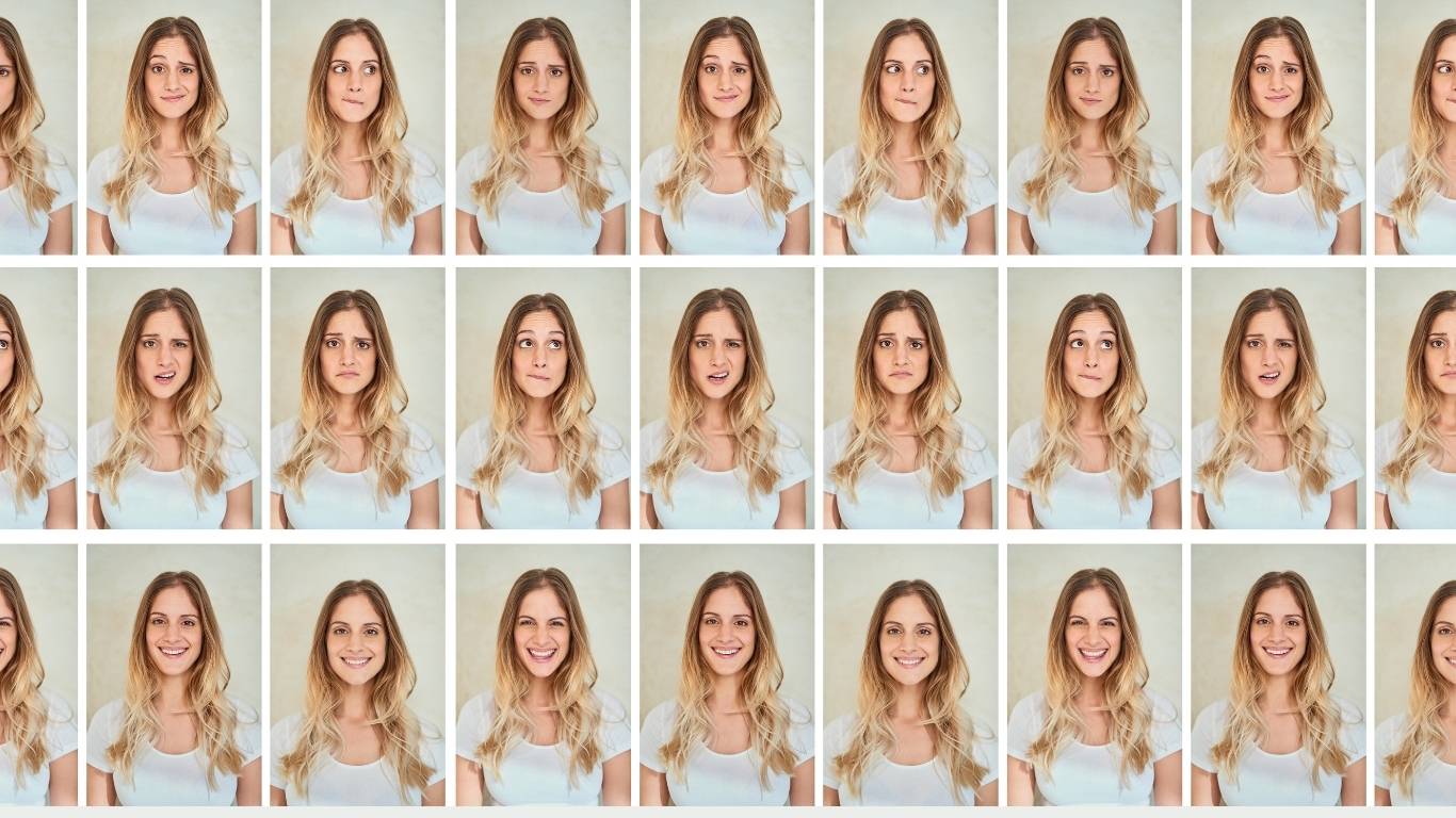 AI face search analyzing various facial expressions of the same woman in a photo grid