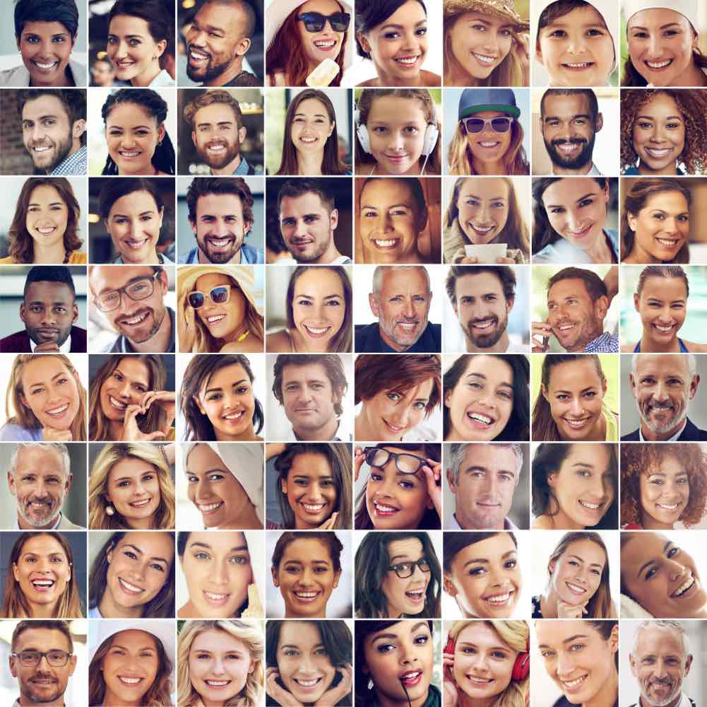 Collection of diverse faces in a grid format symbolizing AI face search results