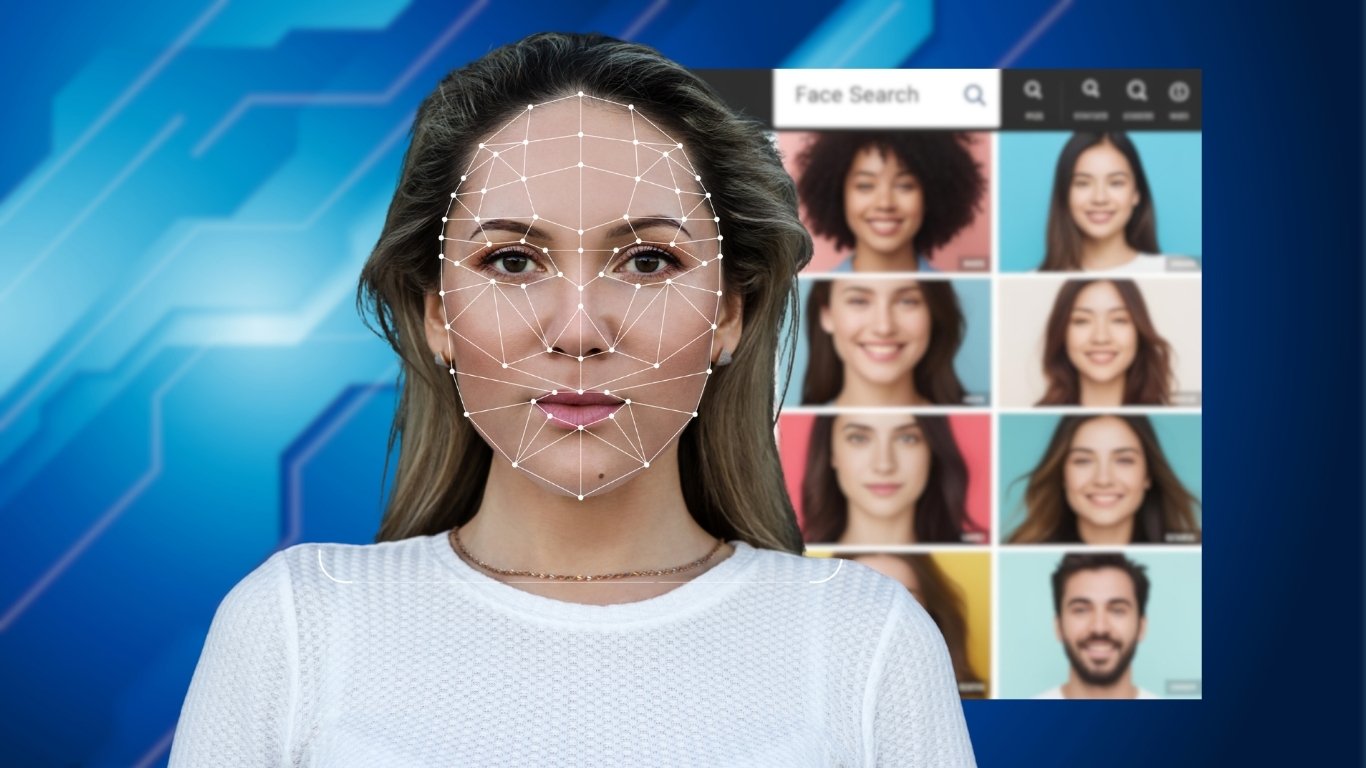 Various face search and recognition tools displayed on different devices with an AI overlay