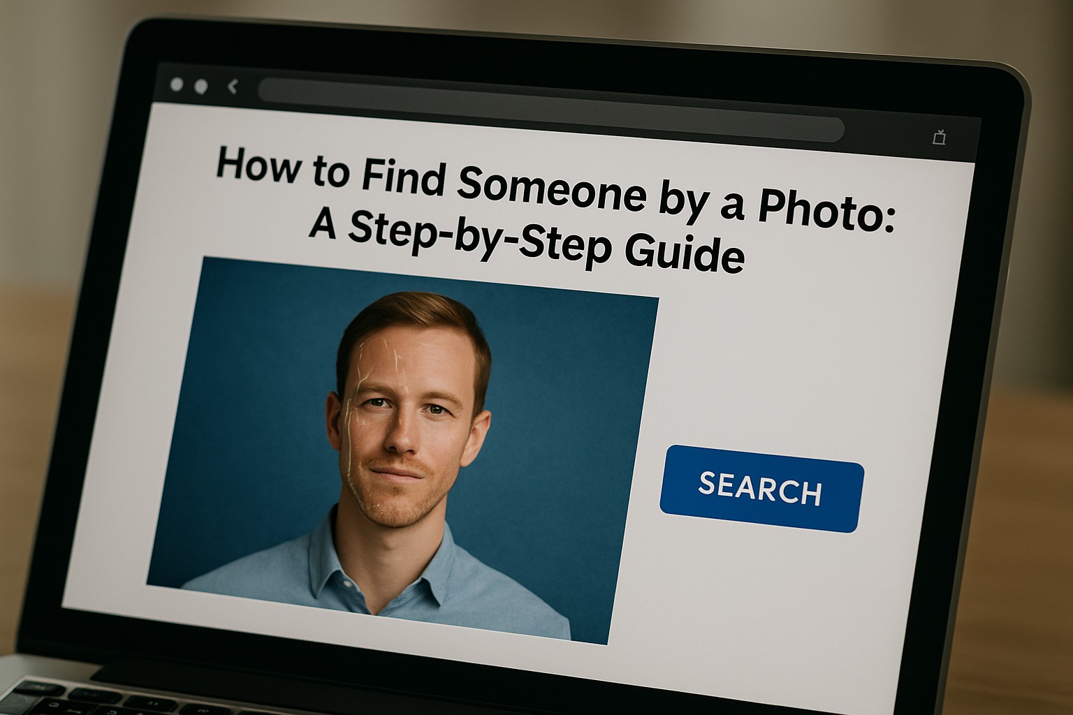 Person viewing a facial recognition search interface on a laptop screen with a profile photo and search button